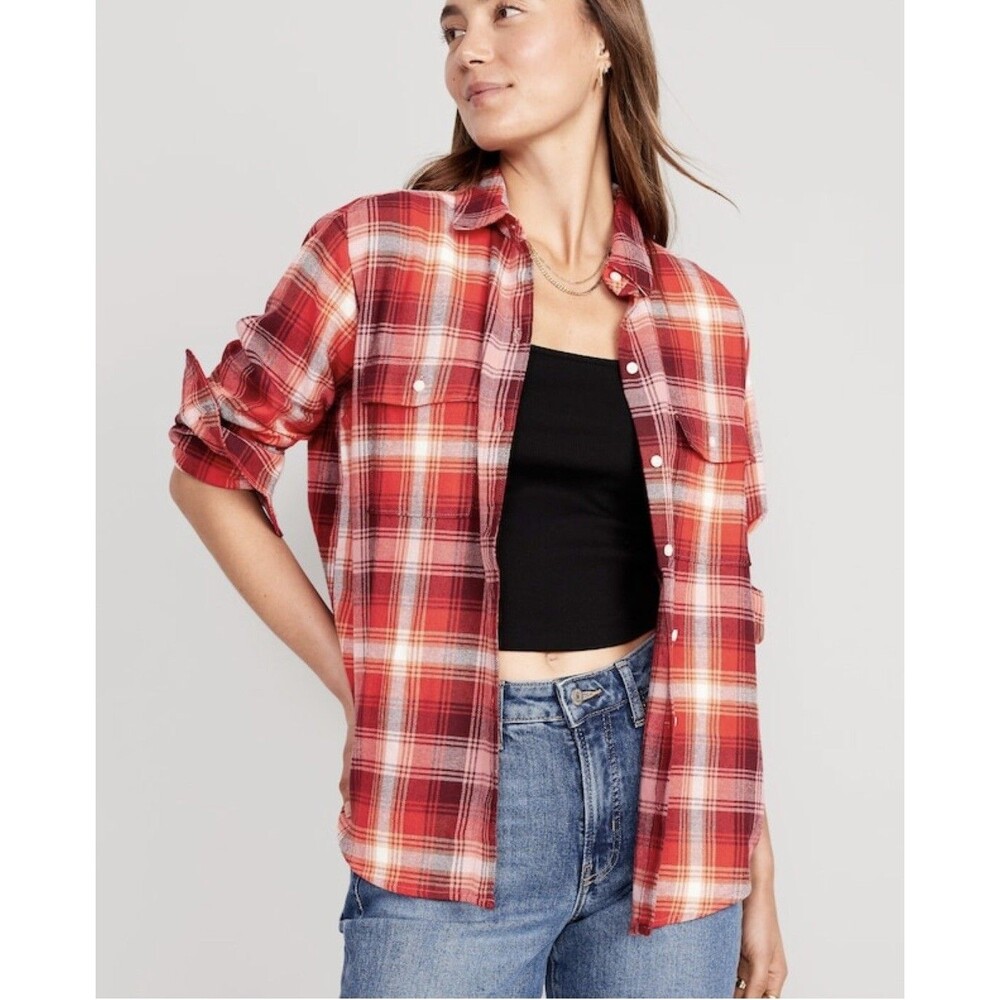 NWT Women's Old Navy Multi Red Plaid Flannel Loose Boyfriend Tunic Shirt XL